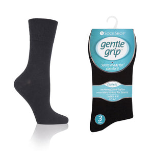 3 Pairs - Black - Ladies Gentle Grip Diabetic Socks Size 4-8