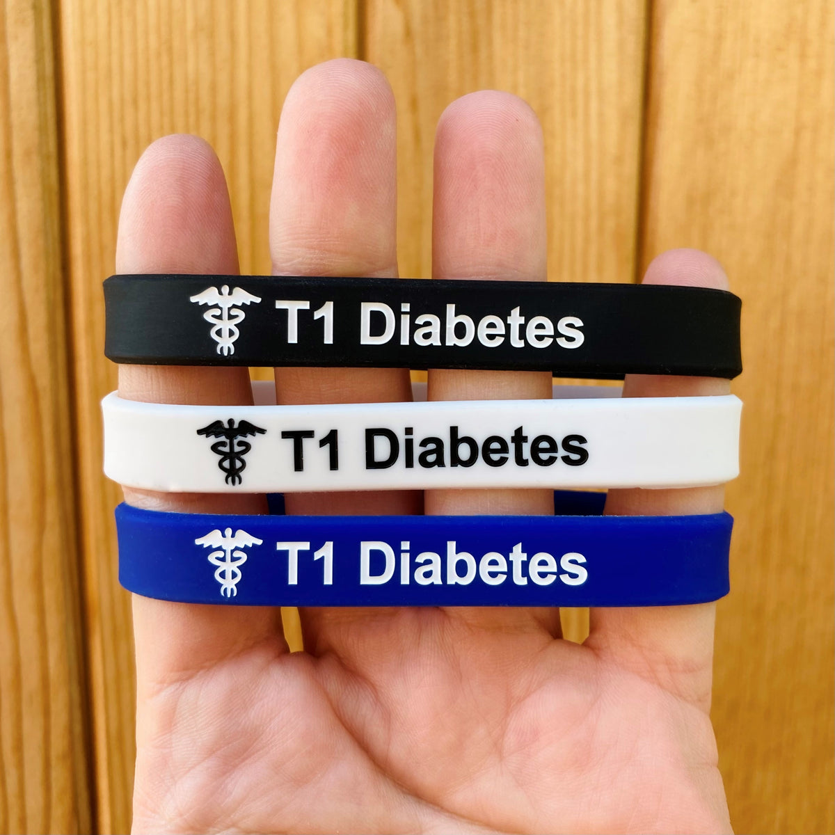 Type 1 Diabetes Silicone Wristband Set of 3 Black White Blue