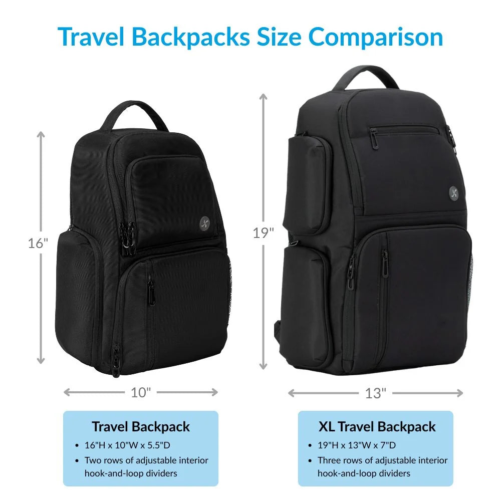 Travel backpacks size comparison chart showing two black backpacks side by side with labeled dimensions: a Travel Backpack at 16 x 10 x 5.5 inches and an XL Travel Backpack at 19 x 13 x 7 inches, on a white background with blue text.