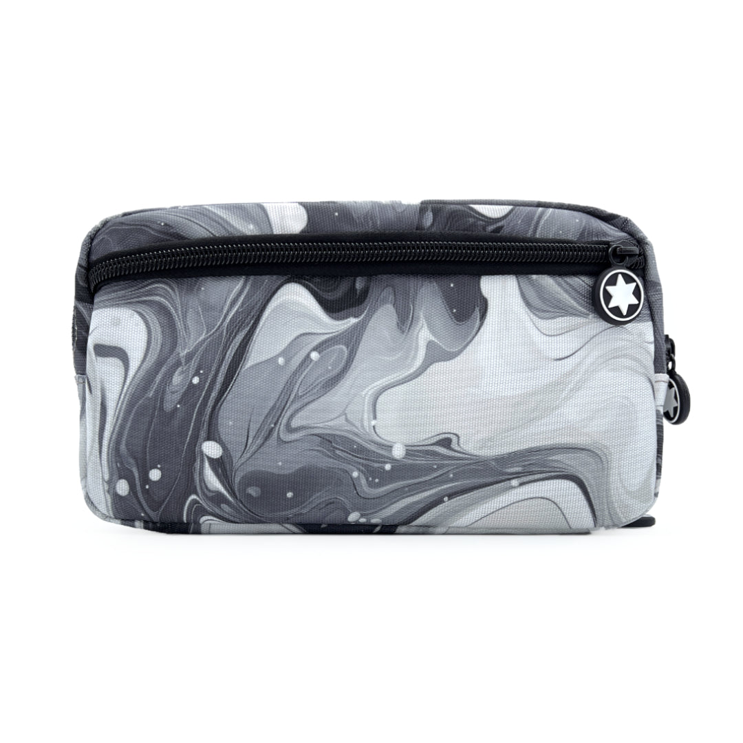 Black &amp; white marble patterned kitbag back view ETC logo zipper pulls