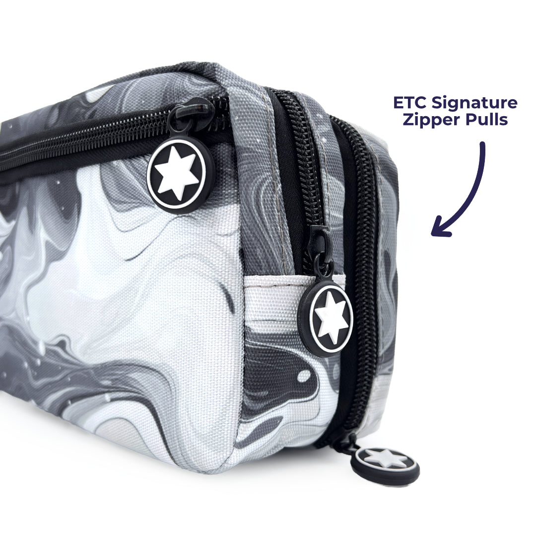 Black &amp; white marble patterned kitbag ETC star logo zipper pulls 