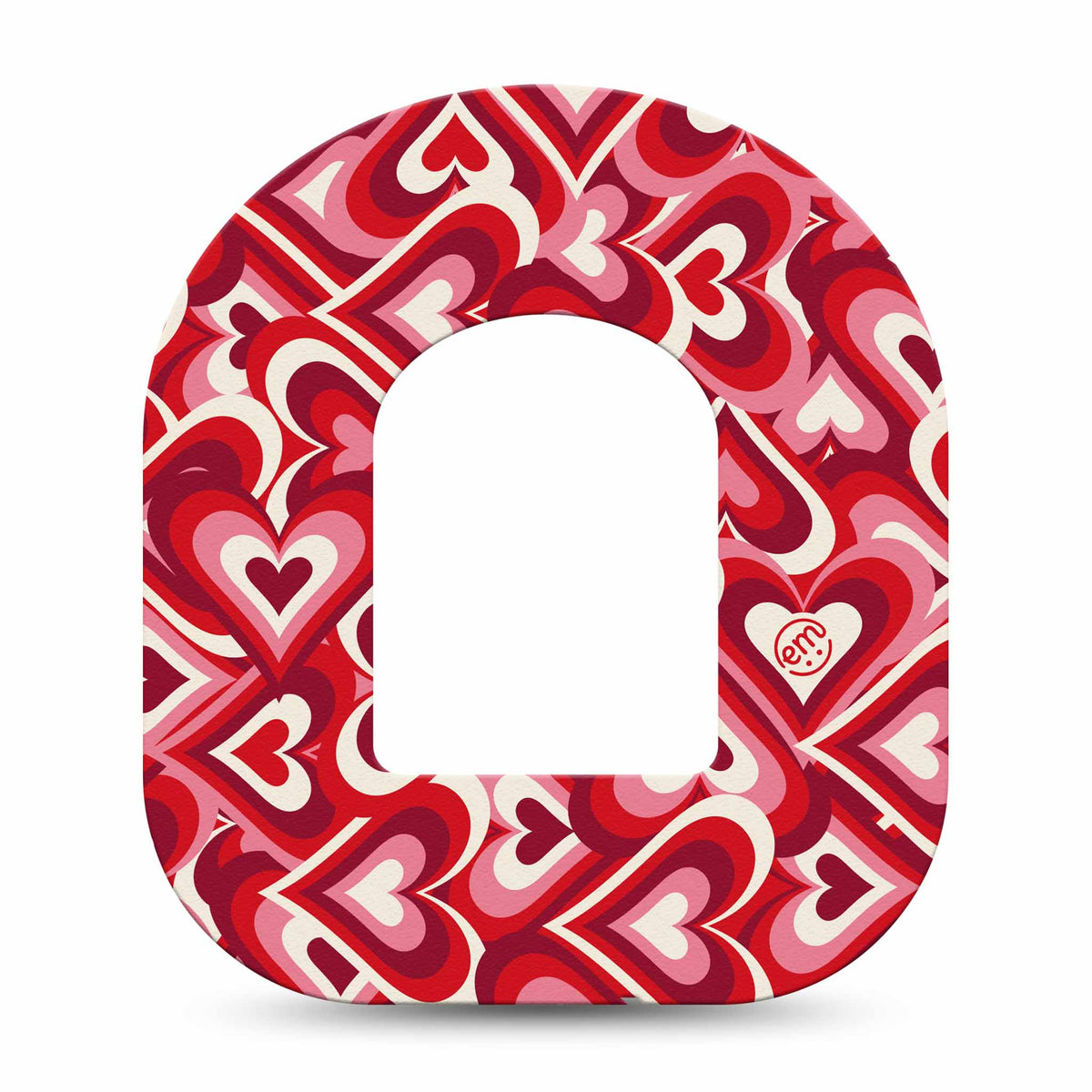 Red and pink heart-patterned patch on a white background