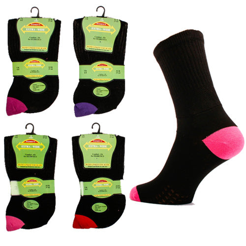 3 Pairs - Ladies Extra Wide Diabetic Socks Size 4-8 - Black With Coloured Heel/Toe