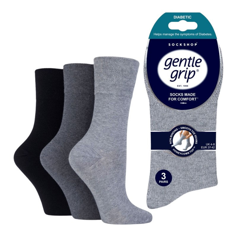3 Pairs - Grey Mix - Ladies Gentle Grip Diabetic Socks Size 4-8