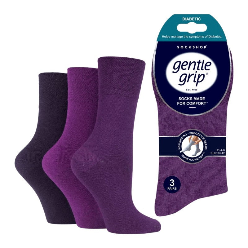 3 Pairs - Purple Mix - Ladies Gentle Grip Diabetic Socks Size 4-8