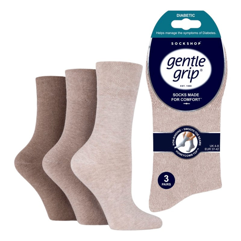 3 Pairs - Stone - Ladies Gentle Grip Diabetic Socks Size 4-8