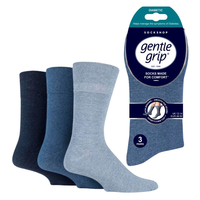 3 Pairs Blue Mix - Bigfoot - Mens Gentle Grip Non Elastic EasyFit HoneyComb Top Diabetic Socks Size 12-14