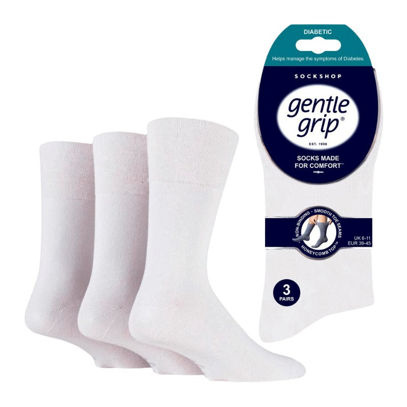 3 Pairs White - Mens Gentle Grip Non Elastic EasyFit HoneyComb Top Diabetic Socks Size 6-11