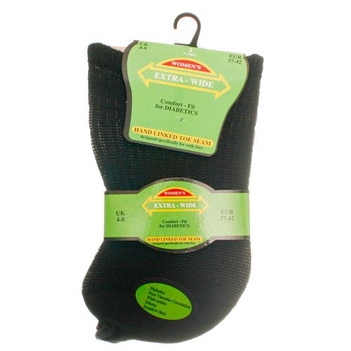3 Pairs - Black - Ladies Extra Wide Diabetic Socks Size 4-8