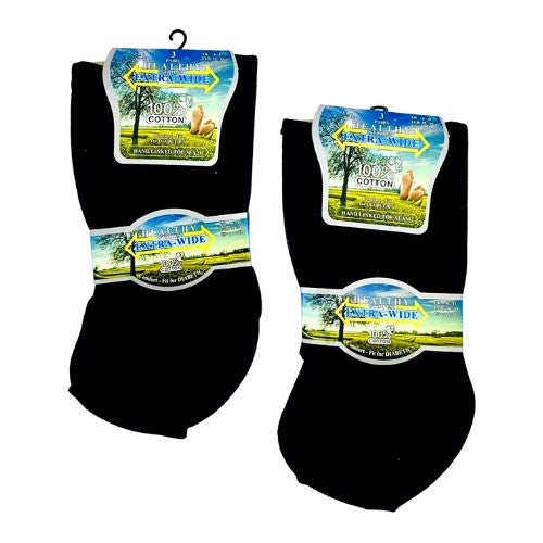 3 Pairs - Black - Mens Extra Wide Cotton Diabetic Socks Size 6-11