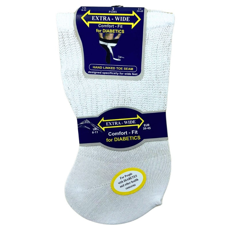 3 Pairs - White - Mens Extra Wide Diabetic Socks Size 6-11