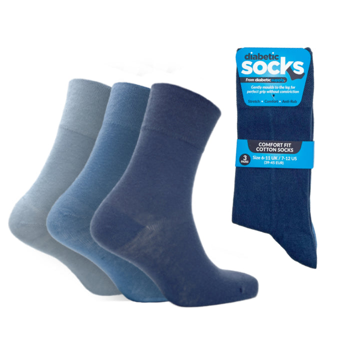 3 Pairs Blues - Mens Diabetic Soft Grip Non Elastic Loose Weave Top Diabetic Socks Size 6-11