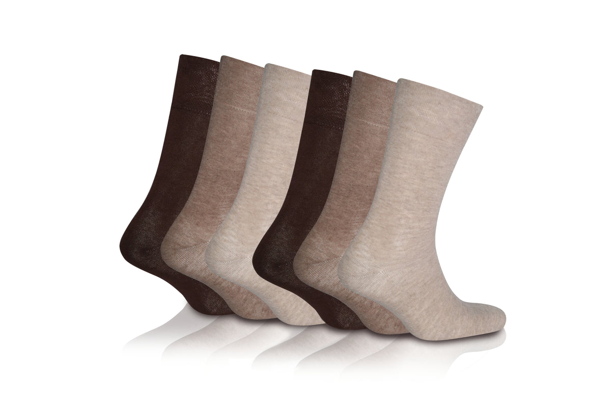 6 Pairs - Brown - Mens Diabetic Soft Grip Non Elastic Loose Weave Top Diabetic Socks Size 6-11