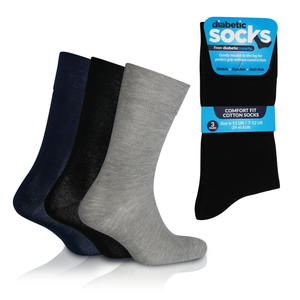 3 Pairs Grey/Blue/Black - Mens Diabetic Soft Grip Non Elastic Loose Weave Top Diabetic Socks Size 6-11