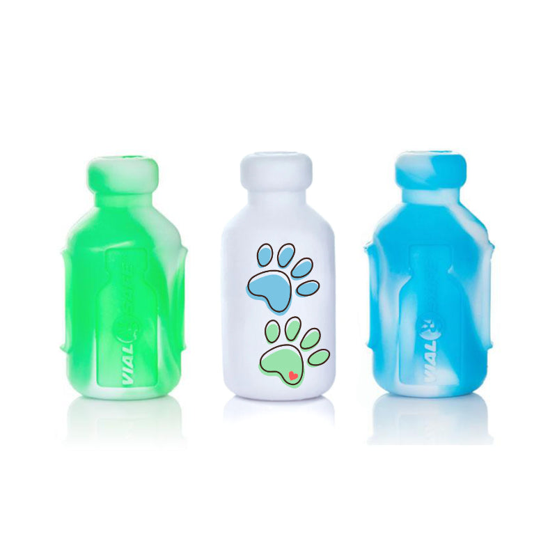 Vial Safe Impact Resistant Medication Vial Protector - 3 Pack (Green Tie Dye, Pawprint and Blue Tie Dye)