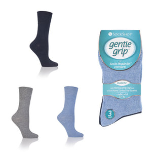 3 Pairs - Light Blue/Grey Mix - Ladies Gentle Grip Diabetic Socks Size 4-8