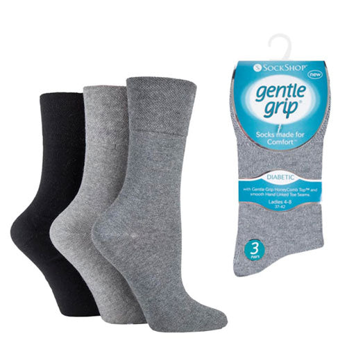 3 Pairs - Grey Mix - Ladies Gentle Grip Diabetic Socks Size 4-8