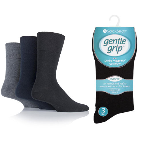 3 Pairs Black/Navy/Grey - Bigfoot - Mens Gentle Grip Non Elastic EasyFit HoneyComb Top Diabetic Socks Size 12-14