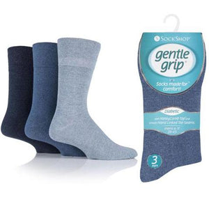 3 Pairs Blue Mix - Mens Gentle Grip Non Elastic EasyFit HoneyComb Top Diabetic Socks Size 6-11