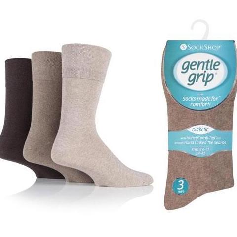 3 Pairs Brown Mix - Mens Gentle Grip Non Elastic EasyFit HoneyComb Top Diabetic Socks Size 6-11