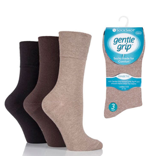 3 Pairs - Brown - Ladies Gentle Grip Diabetic Socks Size 4-8