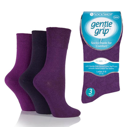 3 Pairs - Purple Mix - Ladies Gentle Grip Diabetic Socks Size 4-8