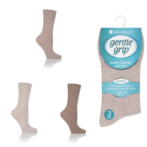 3 Pairs - Stone - Ladies Gentle Grip Diabetic Socks Size 4-8