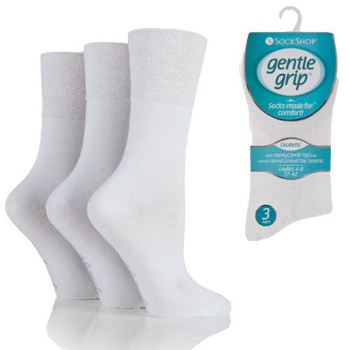 3 Pairs - White - Ladies Gentle Grip Diabetic Socks Size 4-8