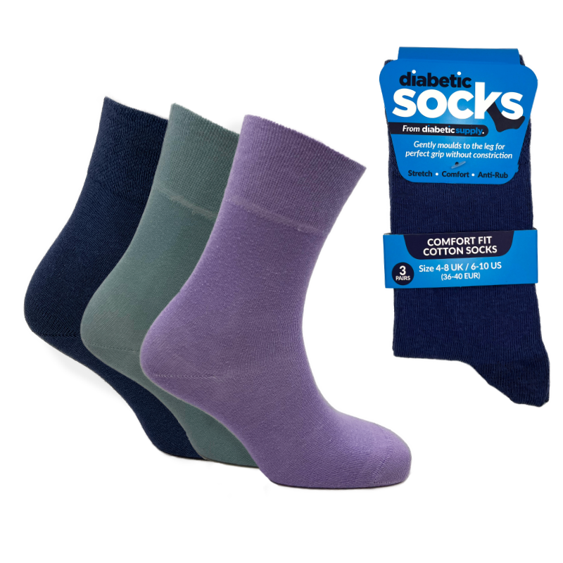 3 Pairs Jewel Mix - Ladies Diabetic Soft Grip Non Elastic Loose Weave Top Diabetic Socks Size 4-8