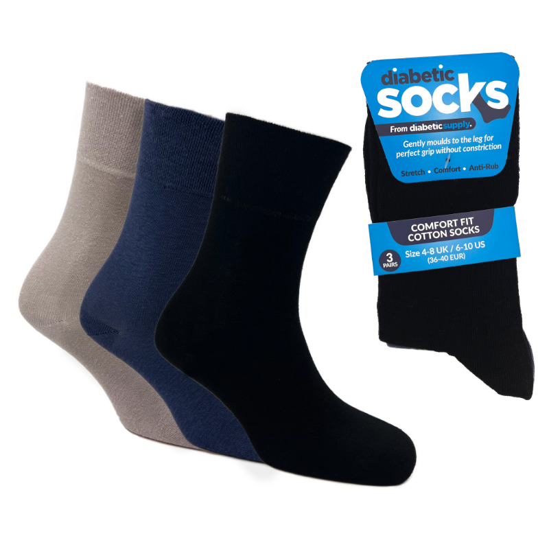 3 Pairs Black/Blue/Grey - Ladies Diabetic Soft Grip Non Elastic Loose Weave Top Diabetic Socks Size 4-8