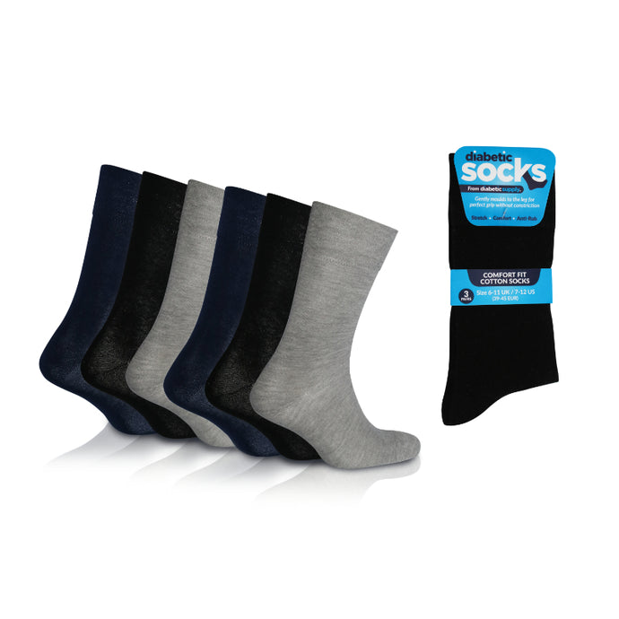6 Pairs - Grey/Blue/Black - Mens Diabetic Soft Grip Non Elastic Loose Weave Top Diabetic Socks Size 6-11
